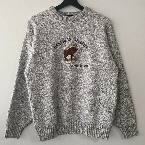 Windswept Sweaters - Vintage Windswept Embroidered Moose White Grey Cotton Wool Blend Knit Sweater